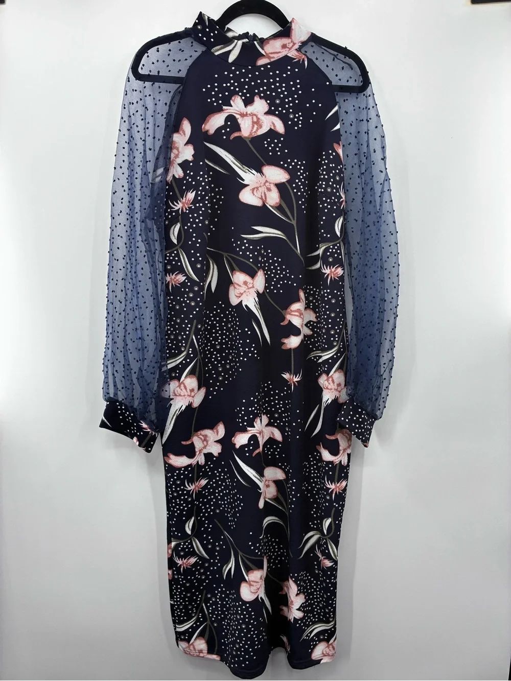 SHEIN Navy and White Polka Dot Floral Mix Dress w/ Sheer Longe Sleeve size 3X